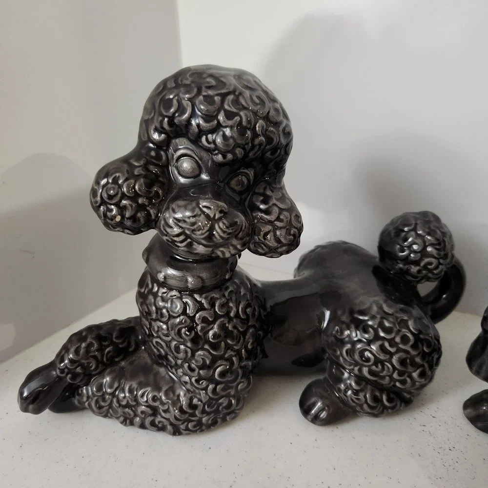 Vintage Mid Century Modern Gray Ceramic Shelf Poodles Dog Decor Signed Reiber